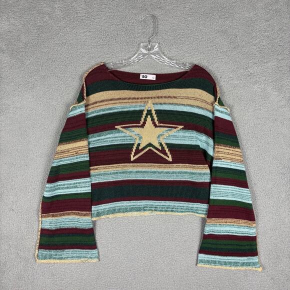 So Sweatshirt Women’s Juniors Large Multicolor Star Cropped Flare Sleeves Fun - Picture 2 of 12